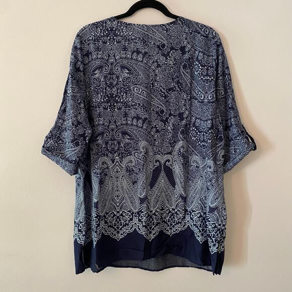 Chico's Women's size 2 / Large Navy Blue Boho Paisley Beaded Blouse 100% Cotton - Picture 8 of 11